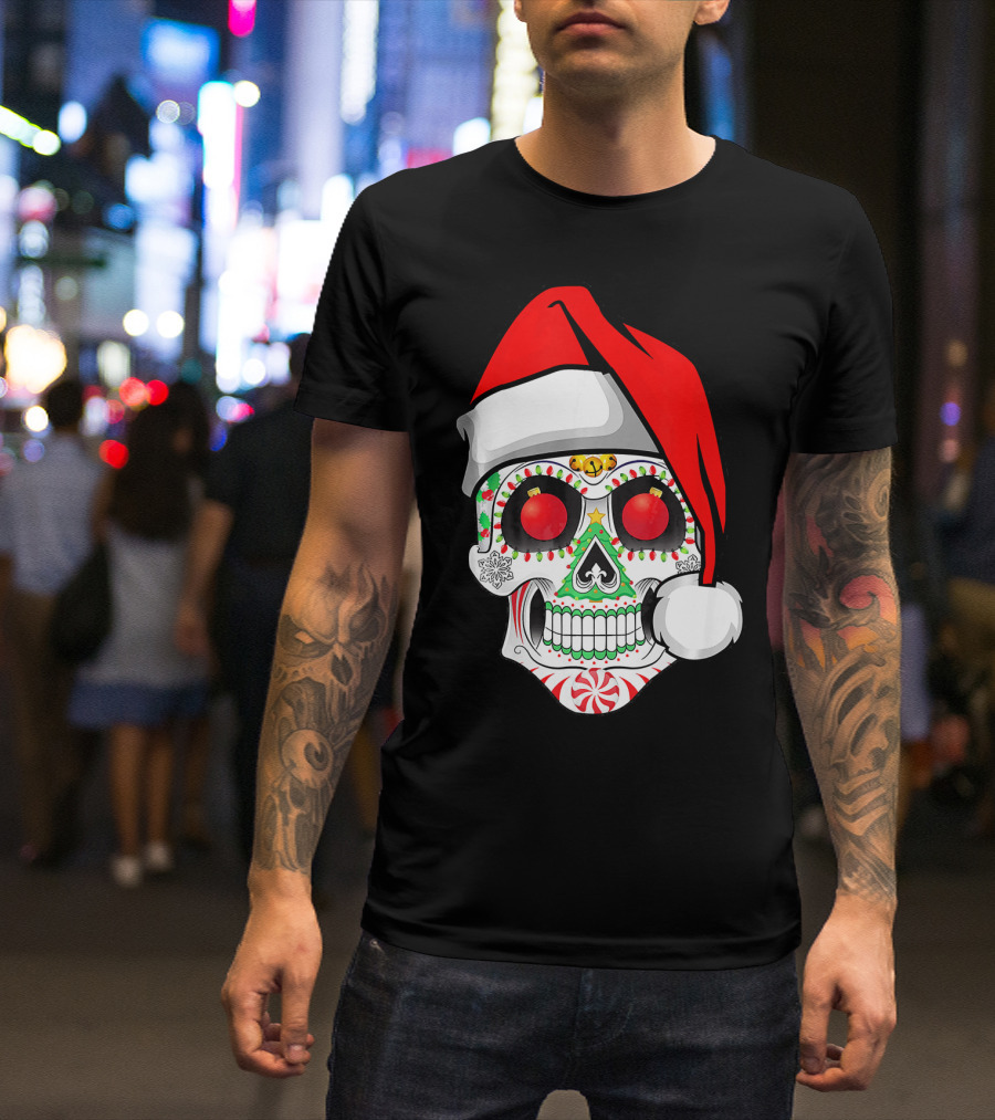 Jingle Jangle Christmas Sugar Skull Santa Hat Peppermint T-Shirt