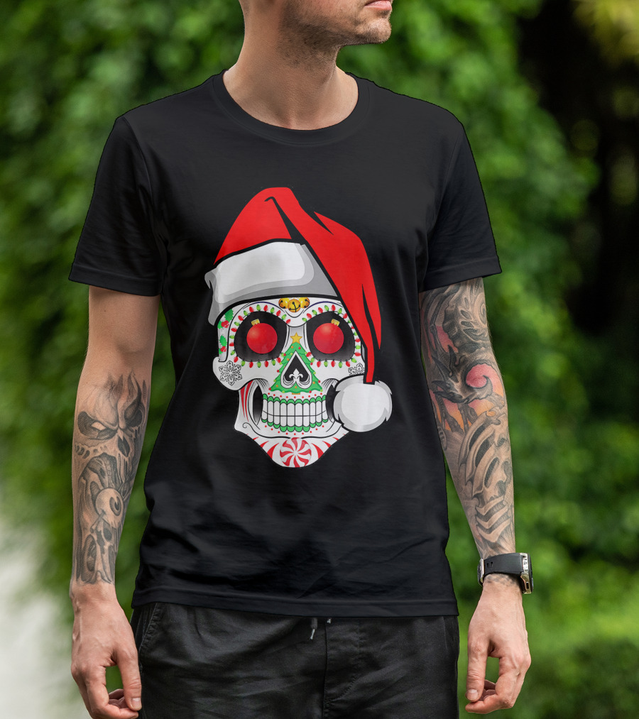 Jingle Jangle Christmas Sugar Skull Santa Hat Peppermint T-Shirt