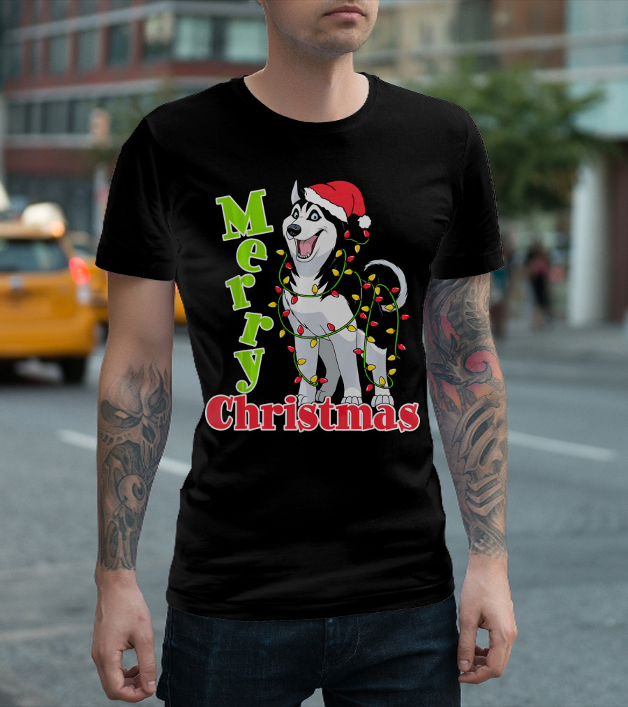 Merry Christmas Husky Festive Lights Holiday Santa Hat T-Shirt