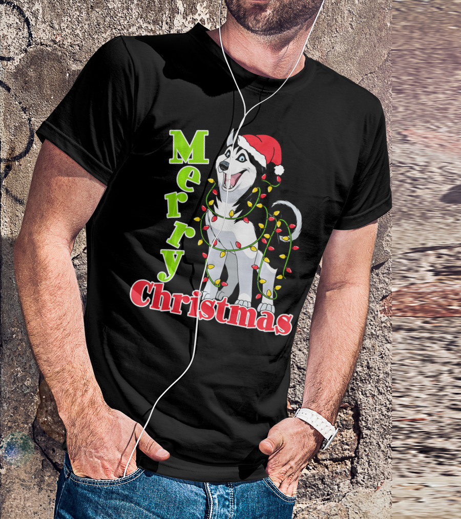Merry Christmas Husky Festive Lights Holiday Santa Hat T-Shirt