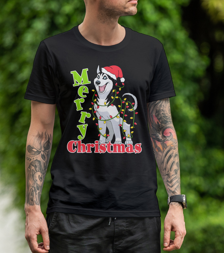 Merry Christmas Husky Festive Lights Holiday Santa Hat T-Shirt