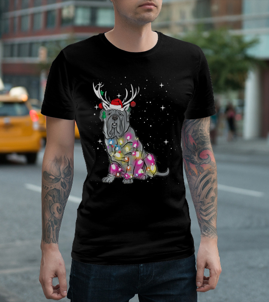 Neapolitan Mastiff with Christmas Lights and Santa Hat in Snowy Night T-Shirt