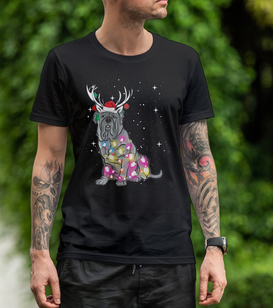 Neapolitan Mastiff With Christmas Lights And Santa Hat In Snowy Night T-Shirt