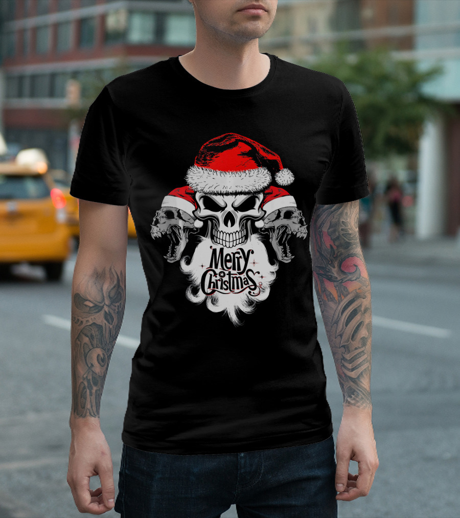 Merry Christmas Funny Skull Santa with Santa Hat and Beards T-Shirt