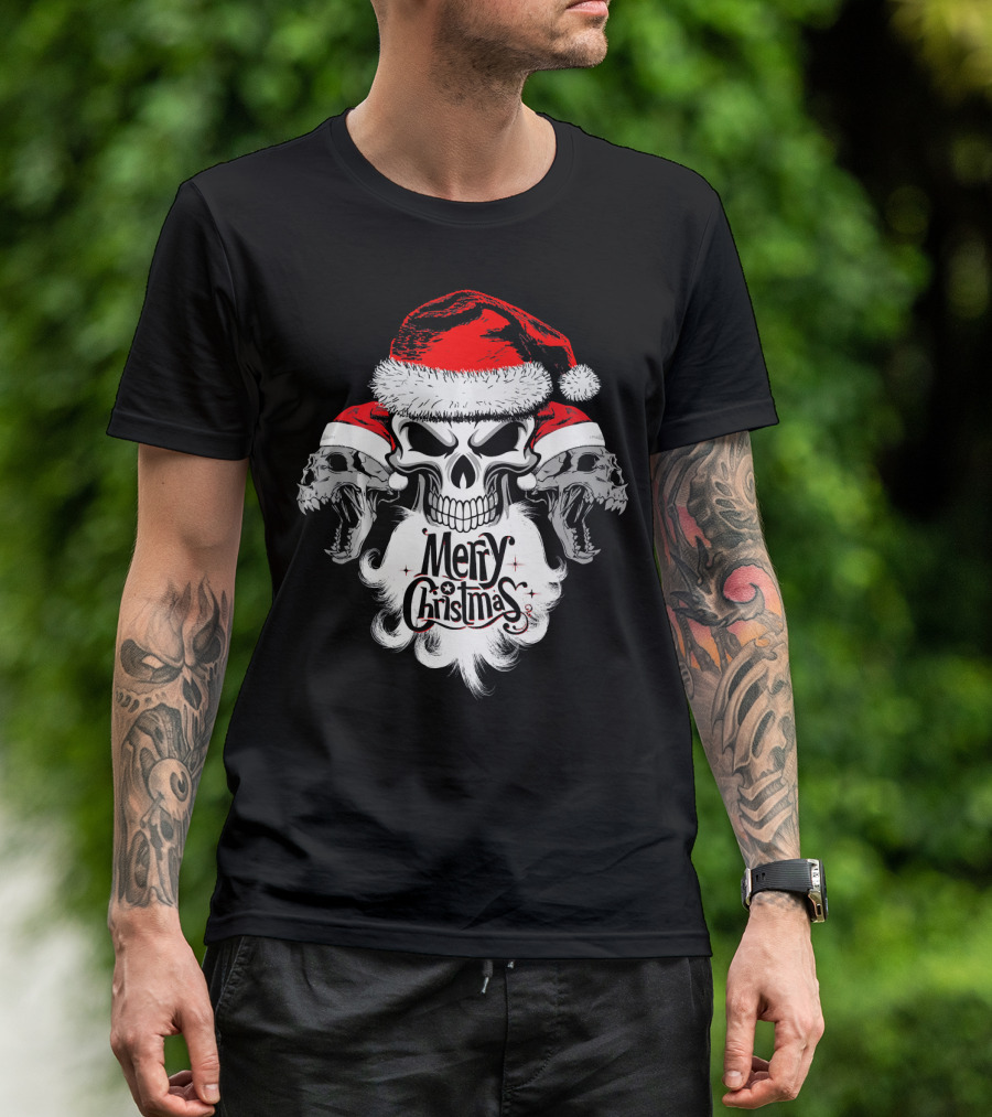 Merry Christmas Funny Skull Santa With Santa Hat And Beards T-Shirt