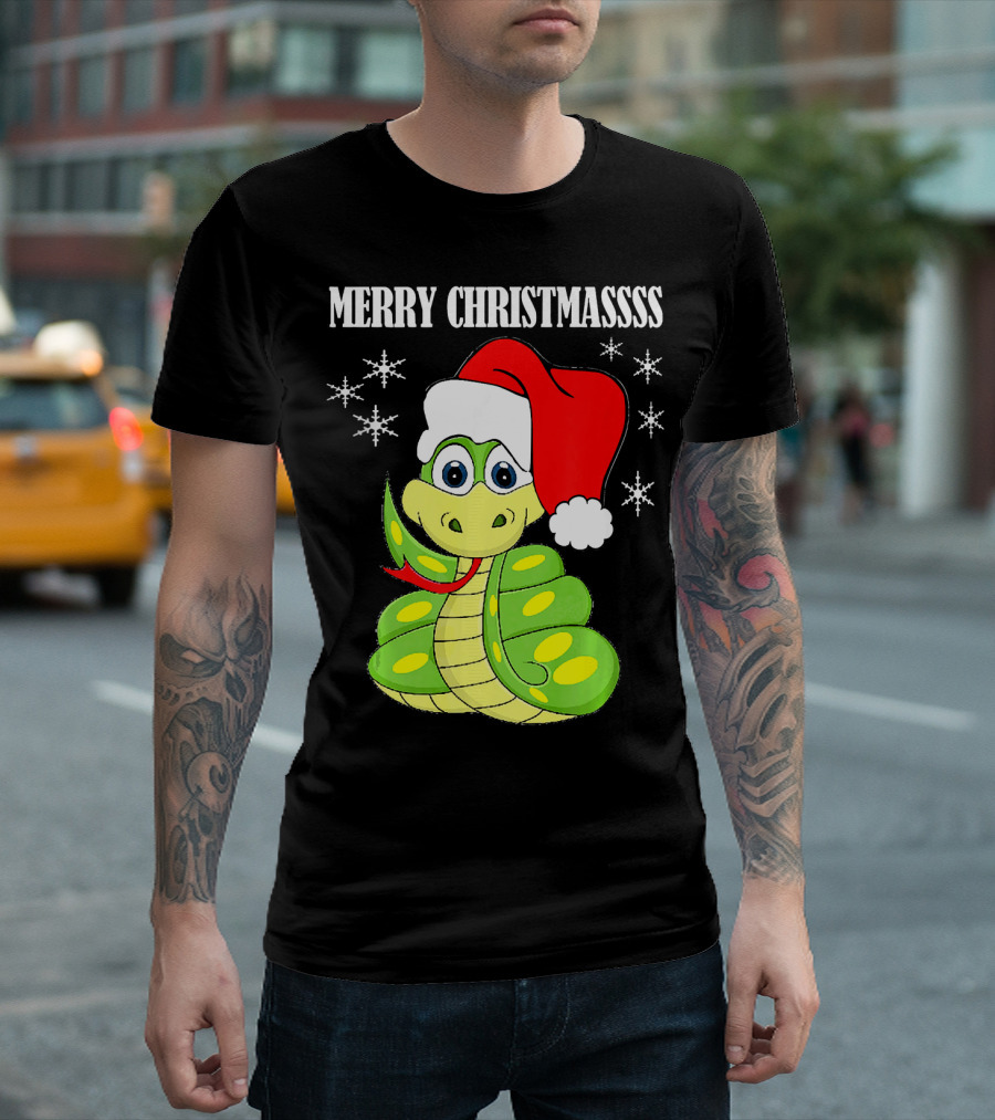 Merry Christmassss Snake Cute Snak Santa Hat Snowflakes T-Shirt