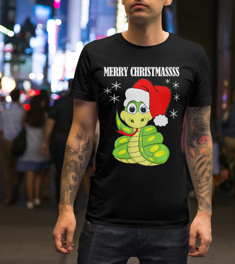 Merry Christmassss Snake Cute Snak Santa Hat Snowflakes T-Shirt