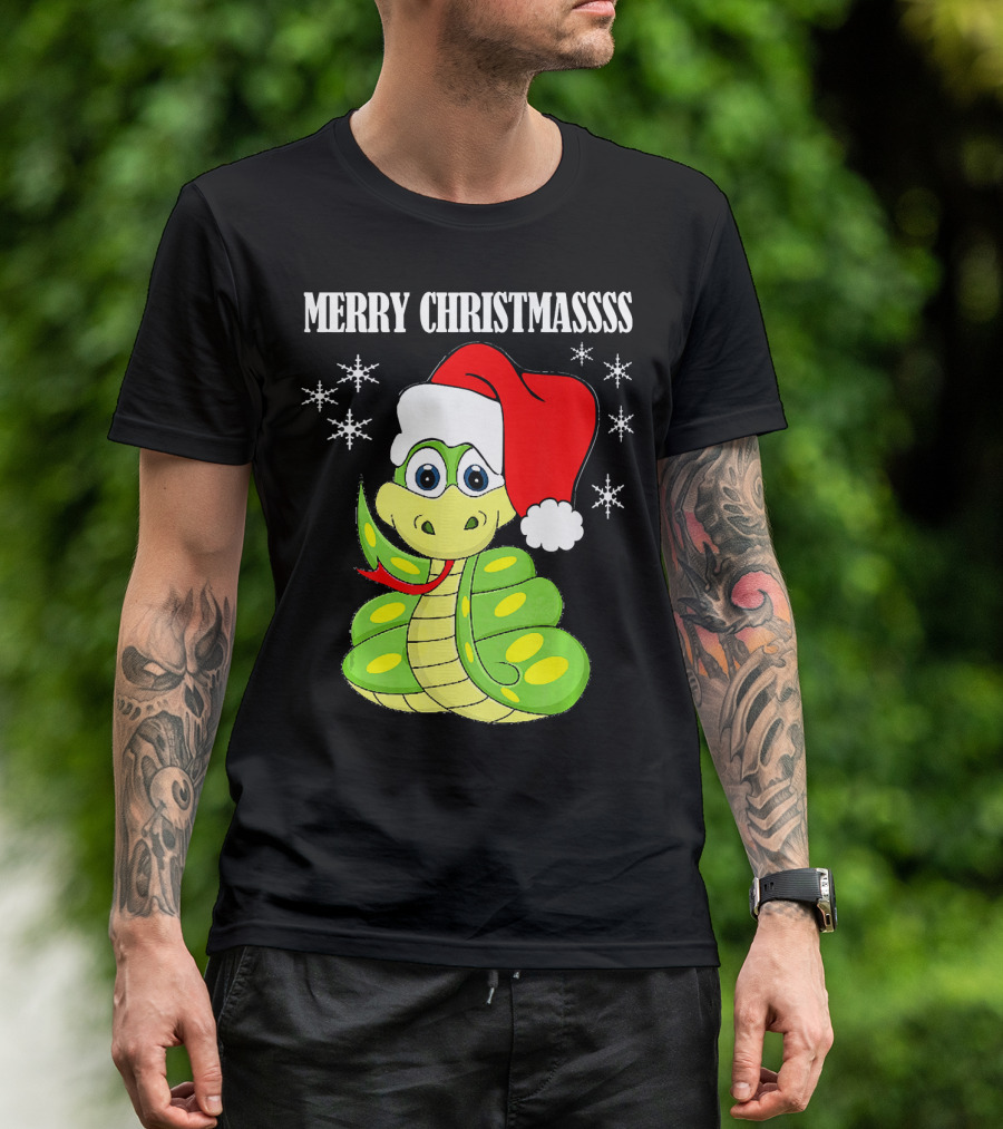 Merry Christmassss Snake Cute Snak Santa Hat Snowflakes T-Shirt