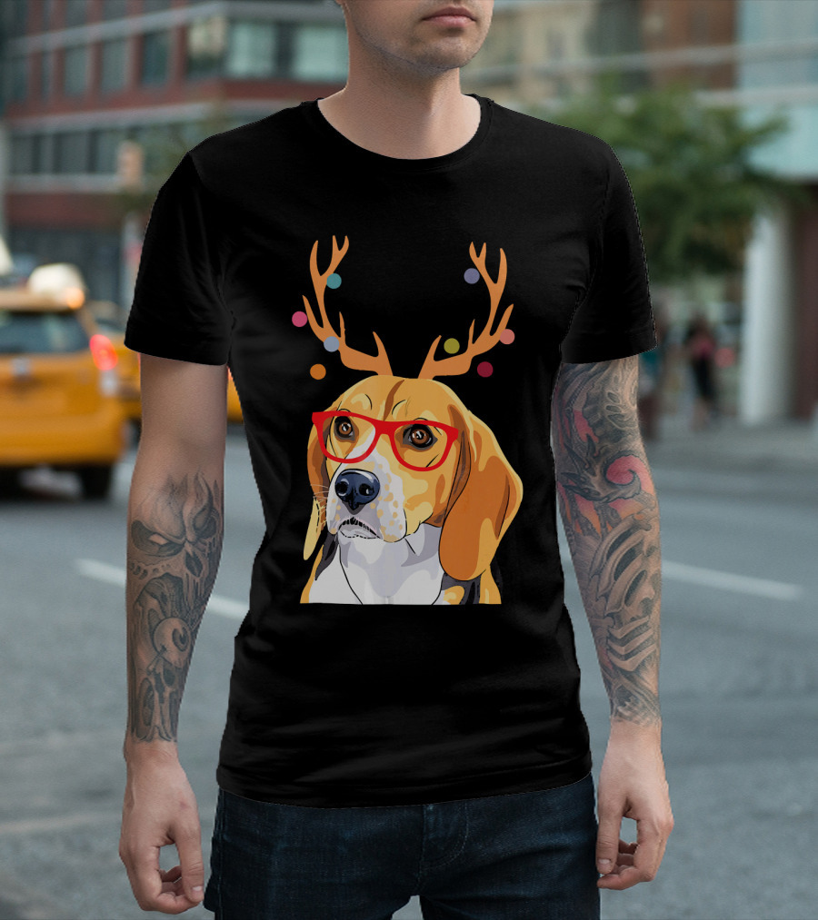Beagle with Christmas Antlers and Red Glasses T-Shirt