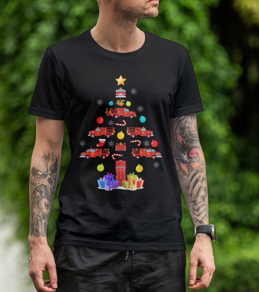Funny Firefighter Christmas Tree Ornament Fire Truck Star Gifts T-Shirt