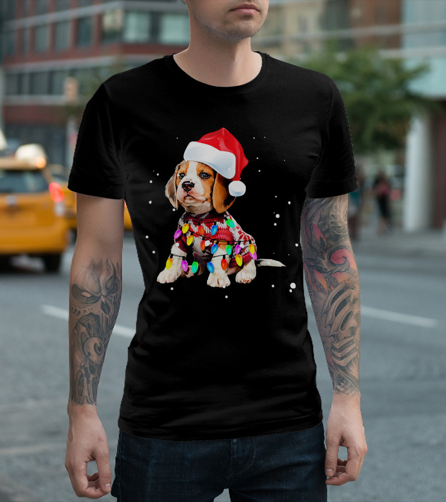 Santa Hat Beagle Wrapped In Christmas Lights T-Shirt
