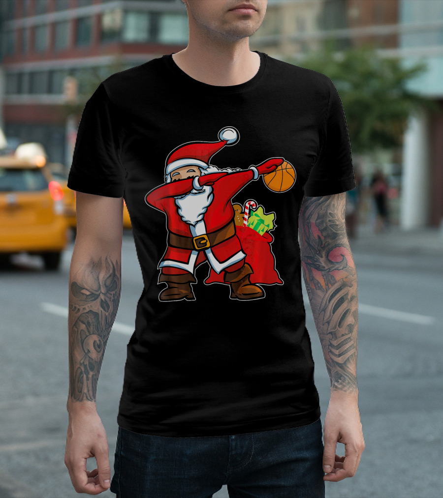 Christmas Dabbing Santa Holding Basketball with Gifts T-Shirt