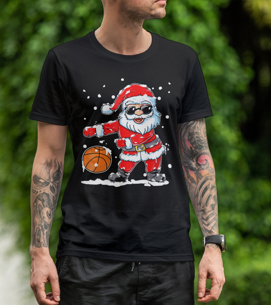 Santa Flossing With Basketball In Snowy Christmas Scene T-Shirt