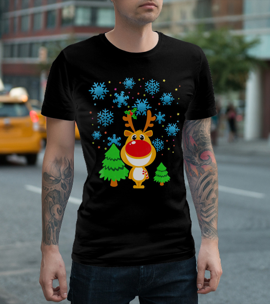 Christmas Reindeer with Snowflakes and Trees Family Matching T-Shirt
