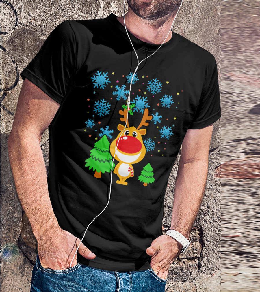 Christmas Reindeer With Snowflakes And Trees Family Matching T-Shirt