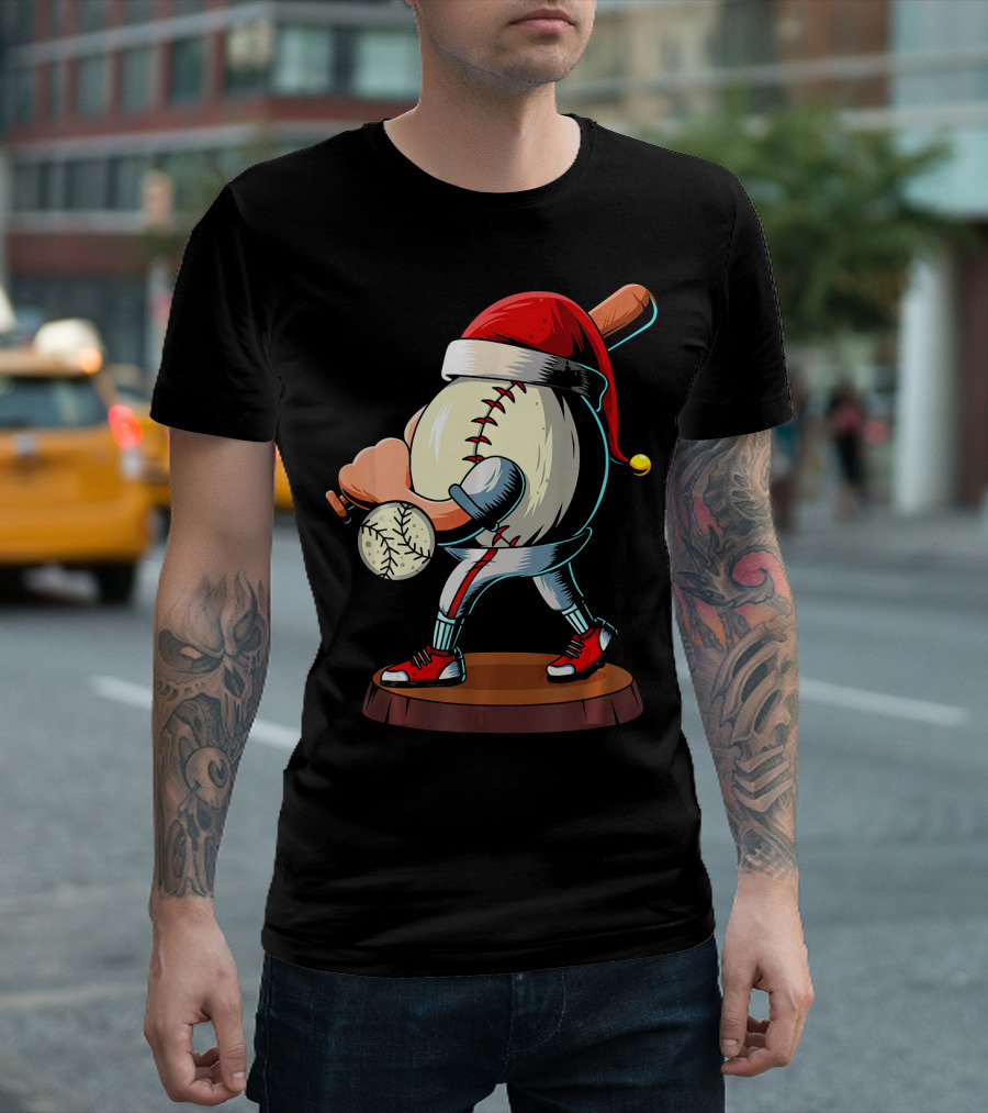Christmas Baseball Batter Santa with Red Shoes and Bat T-Shirt