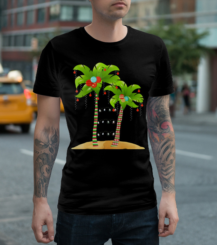 Christmas Tree Palm Mele Kalikimaka Palm Trees with Ornaments and Lights T-Shirt