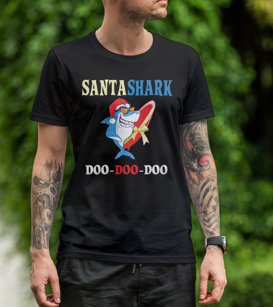 Santa Shark Doo-Doo-Doo Surfboard Christmas T-Shirt