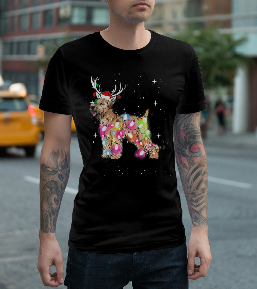 Christmas Lights Soft Coated Wheaten Terrier Santa Hat Antlers Snowflakes T-Shirt