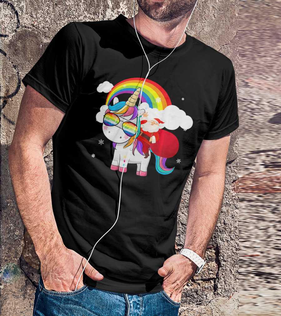 Cool Santa Riding Unicorn Rainbow Christmas Cos T-Shirt
