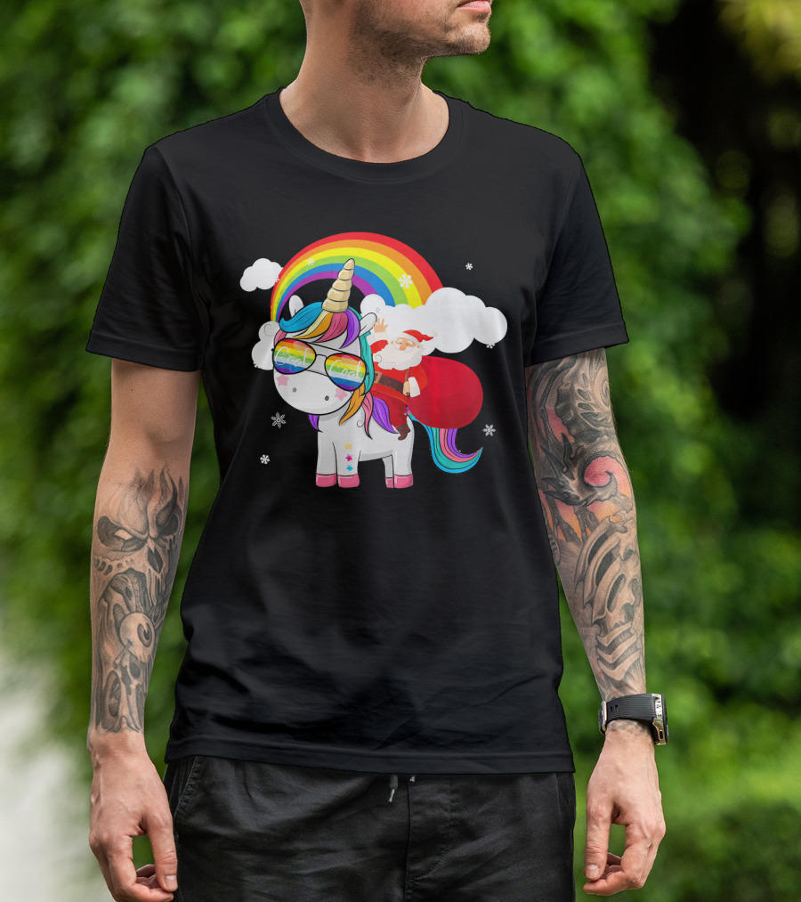 Cool Santa Riding Unicorn Rainbow Christmas Cos T-Shirt