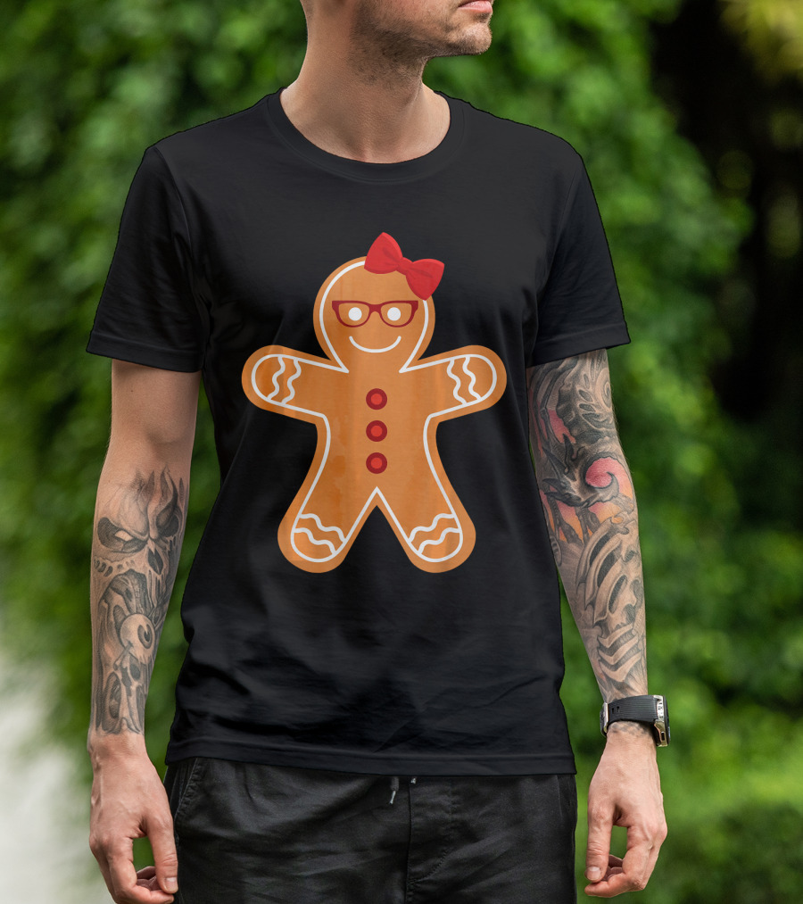 Gingerbread Girl Cookie With Glasses And Red Bow Christmas T-Shirt
