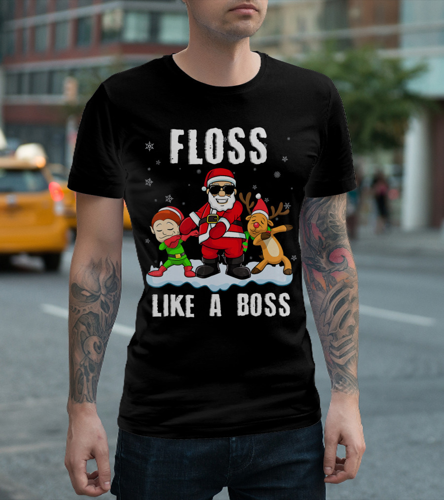 Floss Like a Boss Santa with Elf and Reindeer Dance Funny Christmas T-Shirt