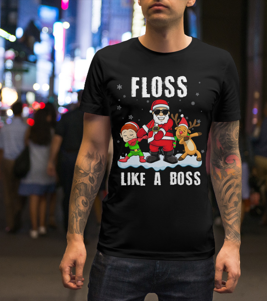 Floss Like A Boss Santa With Elf And Reindeer Dance Funny Christmas T-Shirt
