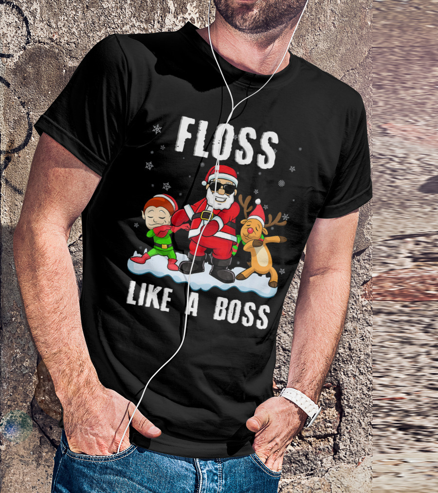 Floss Like A Boss Santa With Elf And Reindeer Dance Funny Christmas T-Shirt