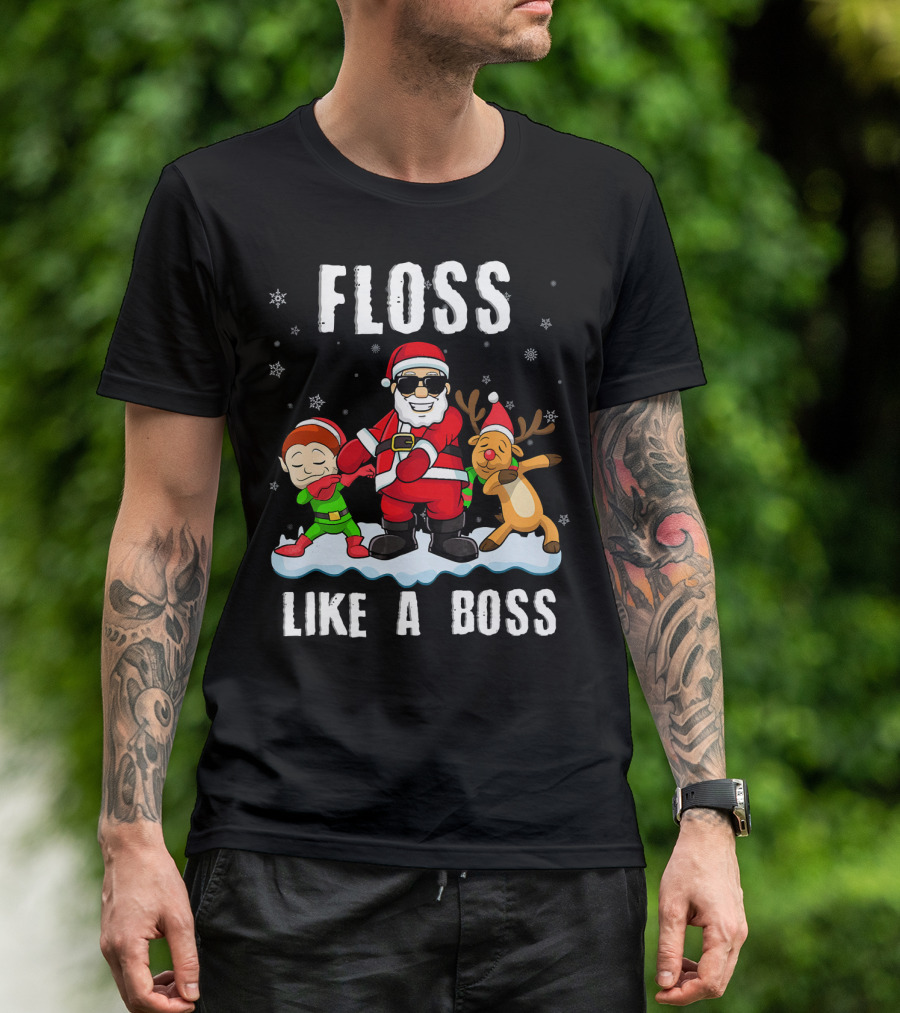 Floss Like A Boss Santa With Elf And Reindeer Dance Funny Christmas T-Shirt