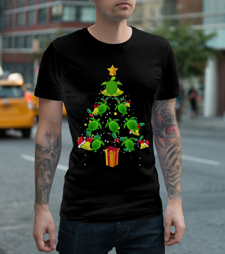 Sea Turtle Christmas Tree with Star Hat and Gift Box T-Shirt