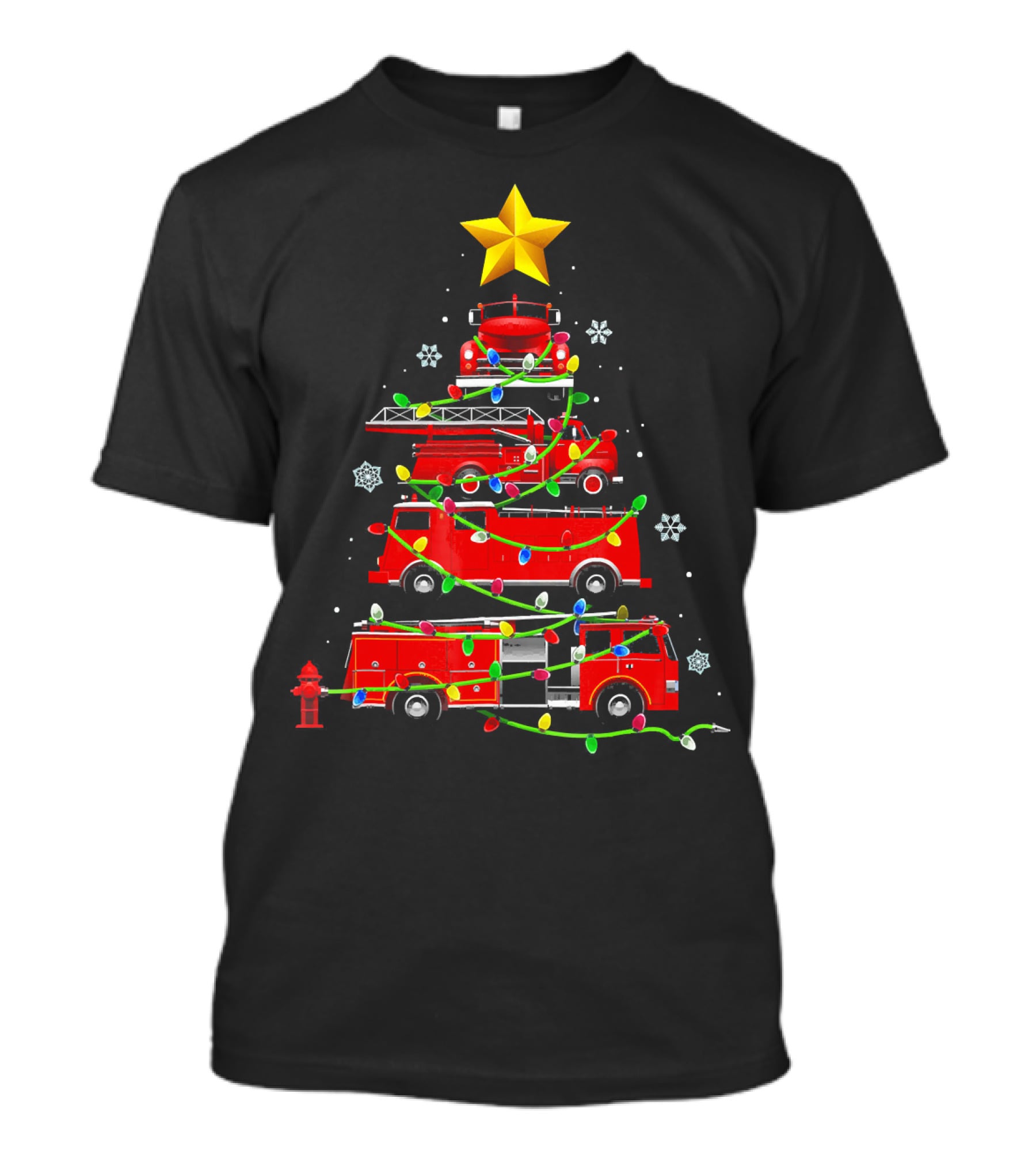 Firefighter Truck Holiday Lights Christmas Tree T-Shirt