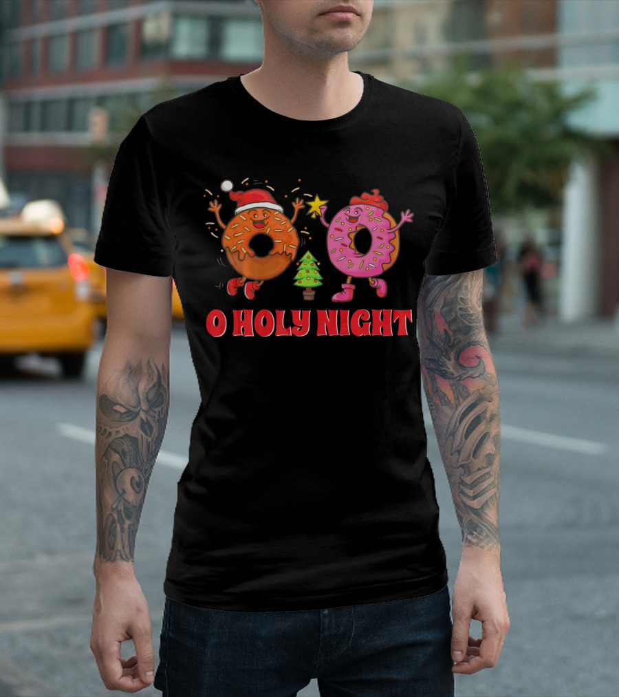 O Holy Night Funny Donut Santa Hat Christmas Tree T-Shirt