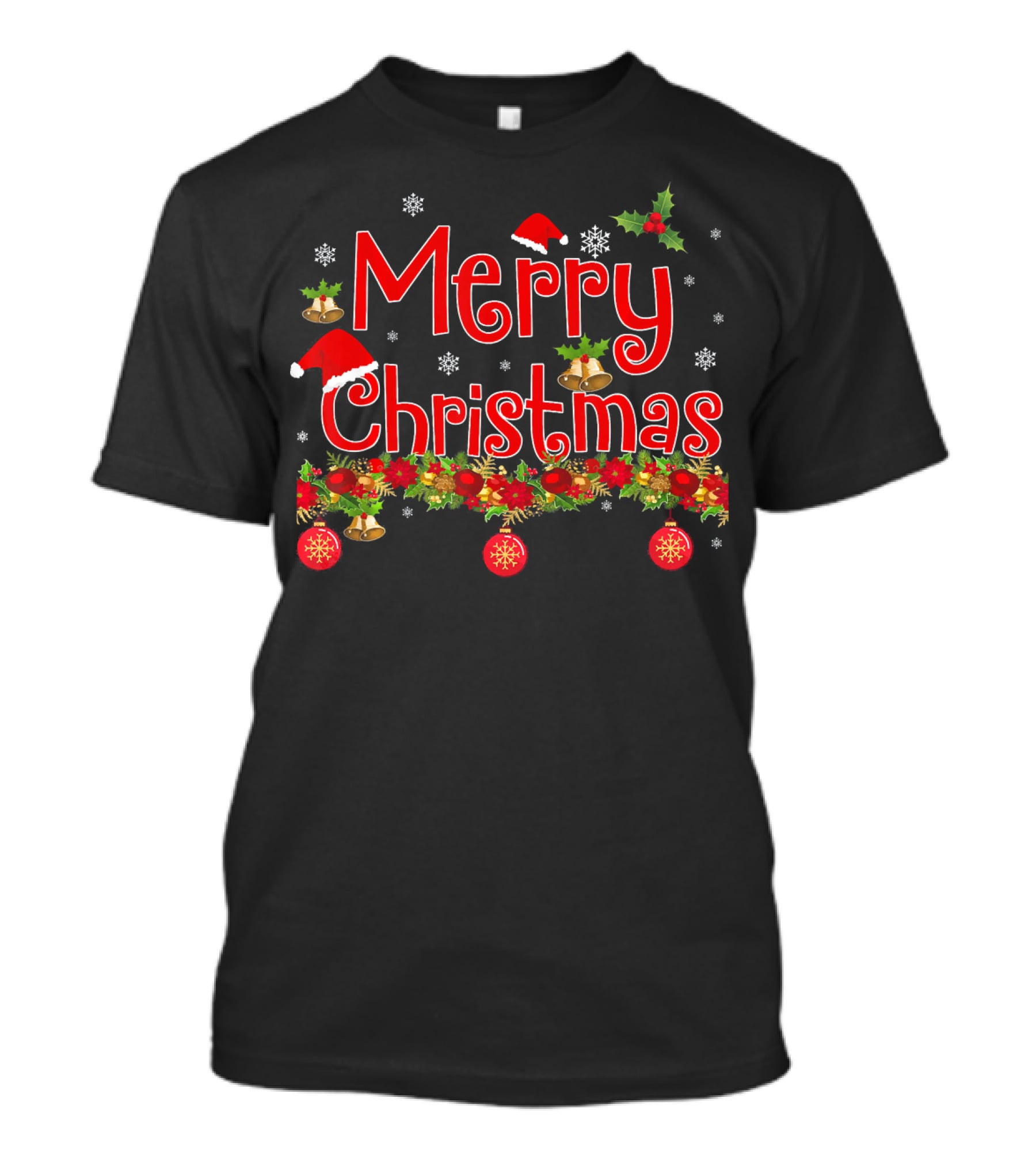 Merry Christmas Snowflakes Holly Santa Hat Bells Ornaments Garland T-Shirt