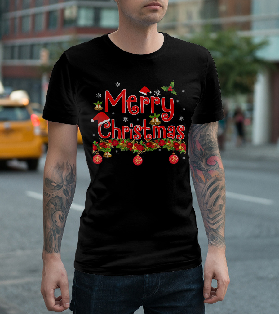 Merry Christmas Snowflakes Holly Santa Hat Bells Ornaments Garland T-Shirt