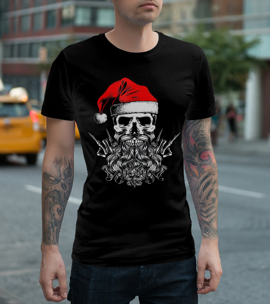 Hail Santa Heavy Metal Skull Red Santa Hat Skeleton Beard T-Shirt