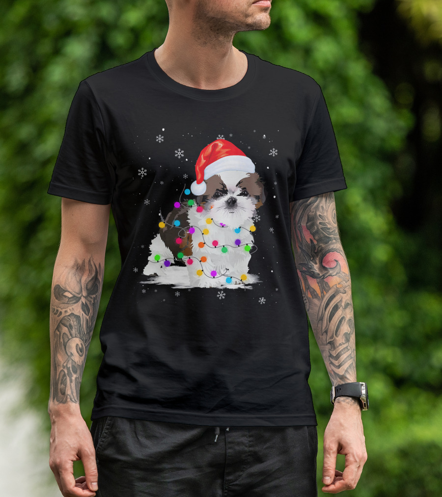 Shih Tzu Santa Hat Christmas Lights Snowflakes T-Shirt