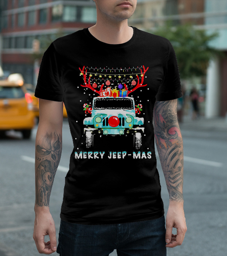 MERRY JEEP-MAS Reindeer Antlers Christmas Lights Jeep T-Shirt