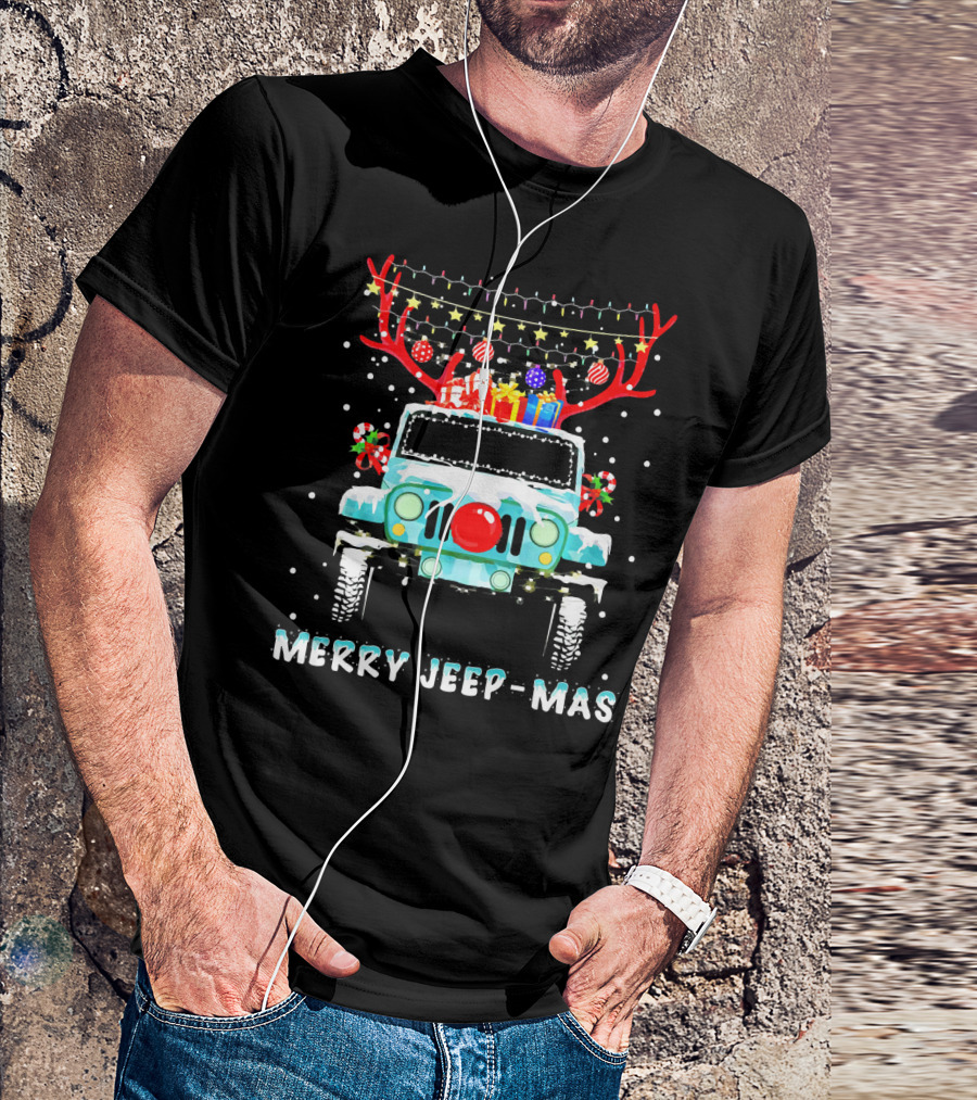 MERRY JEEP-MAS Reindeer Antlers Christmas Lights Jeep T-Shirt