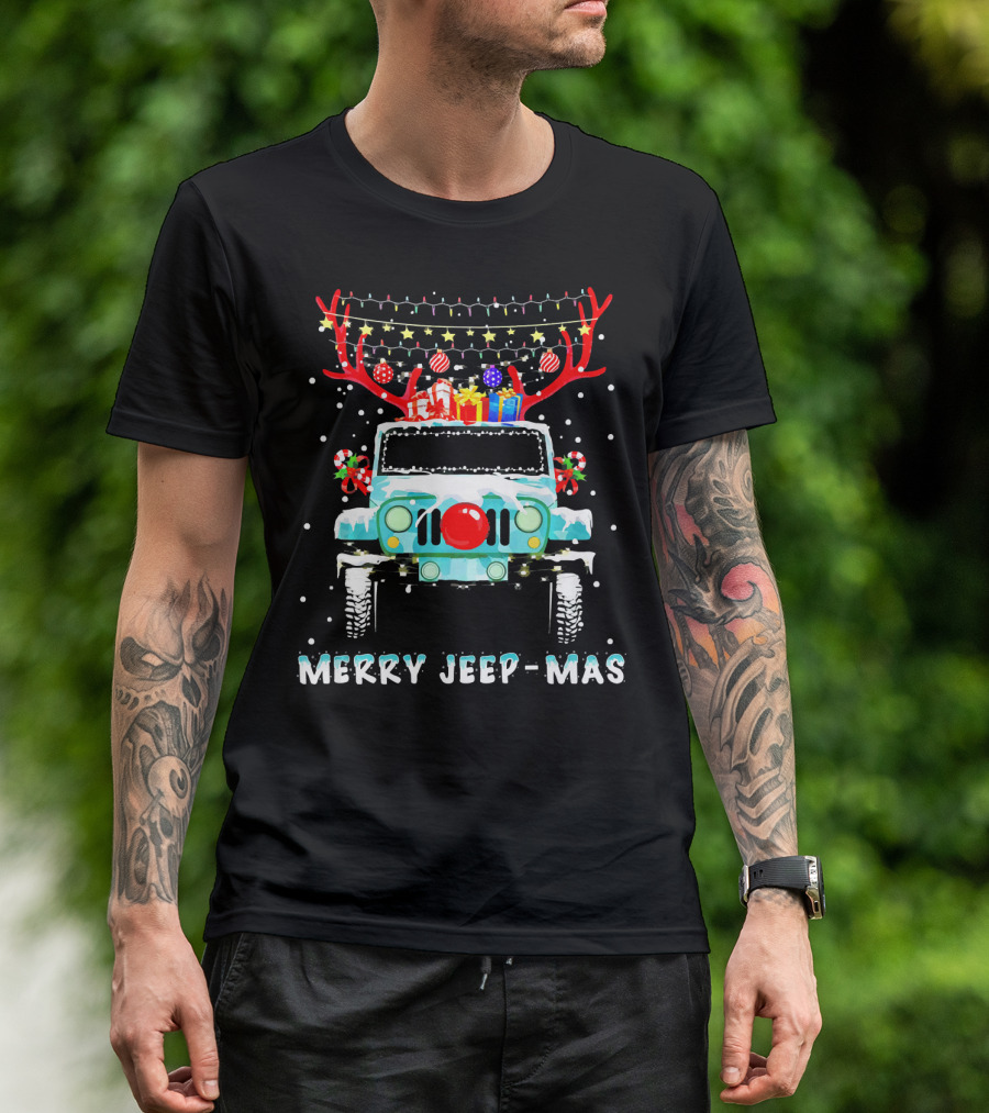 MERRY JEEP-MAS Reindeer Antlers Christmas Lights Jeep T-Shirt