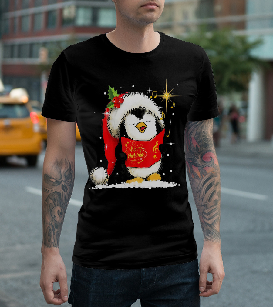 Merry Christmas Singing Penguin with Santa Hat and Music Notes T-Shirt