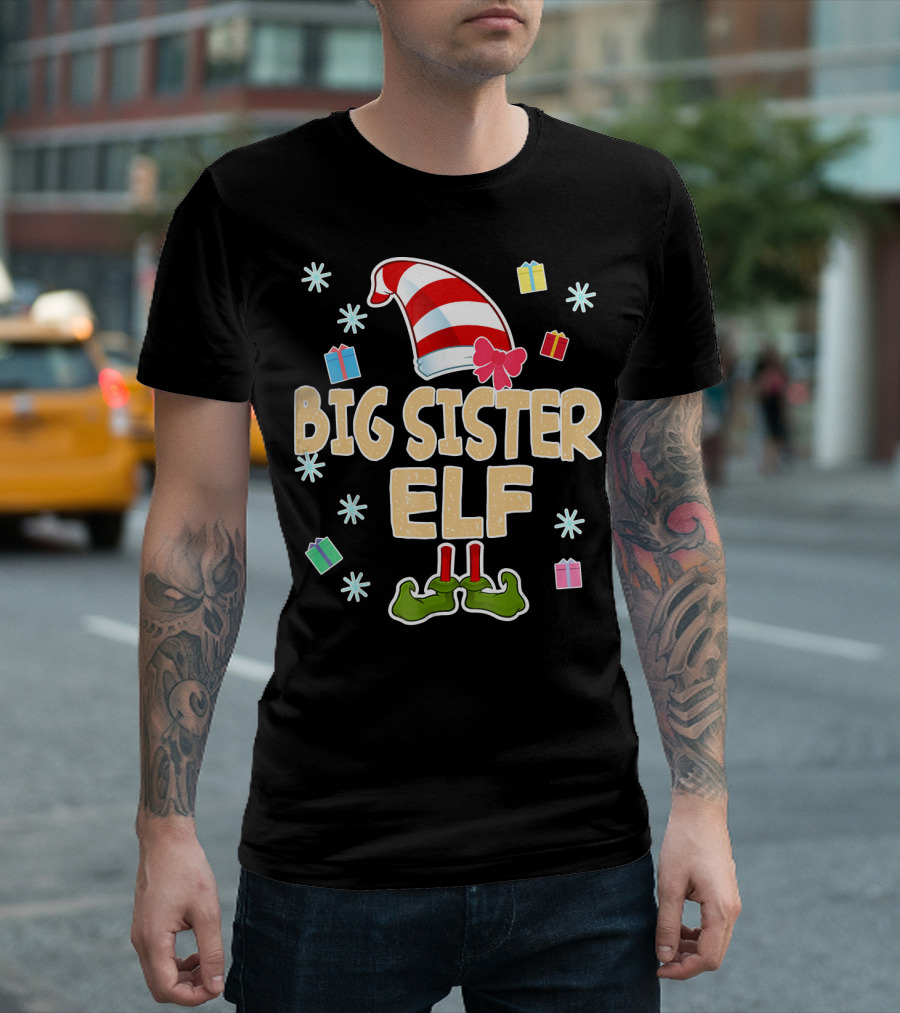Big Sister Elf With Striped Hat And Gifts T-Shirt