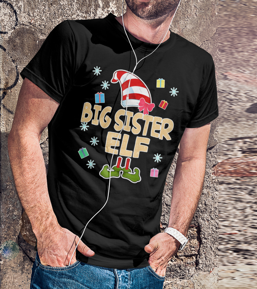 Big Sister Elf With Striped Hat And Gifts T-Shirt