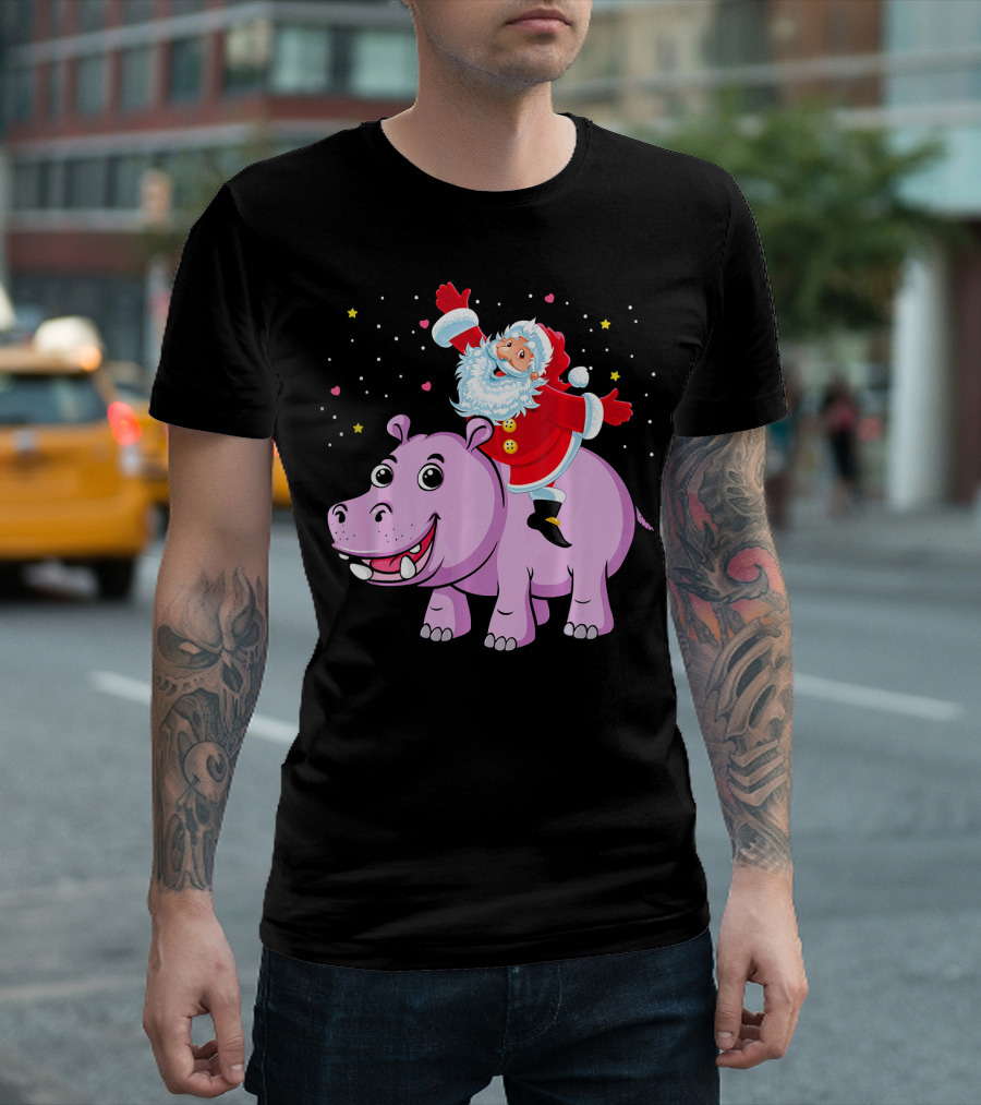 Santa Claus Riding a Happy Hippo Merry Christmas Stars T-Shirt