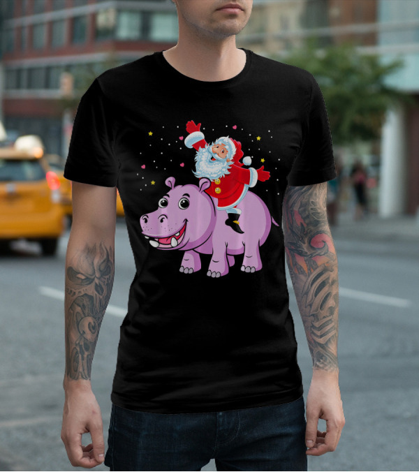 Santa Claus Riding A Happy Hippo Merry Christmas Stars T-Shirt