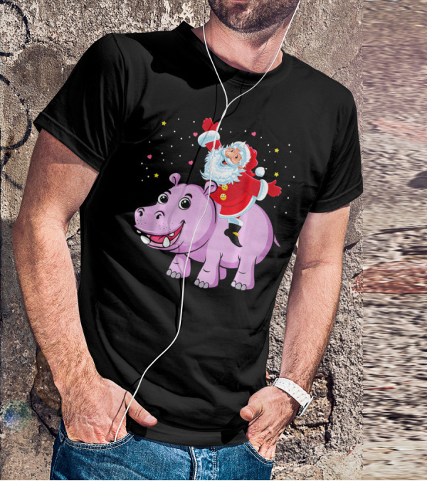 Santa Claus Riding A Happy Hippo Merry Christmas Stars T-Shirt