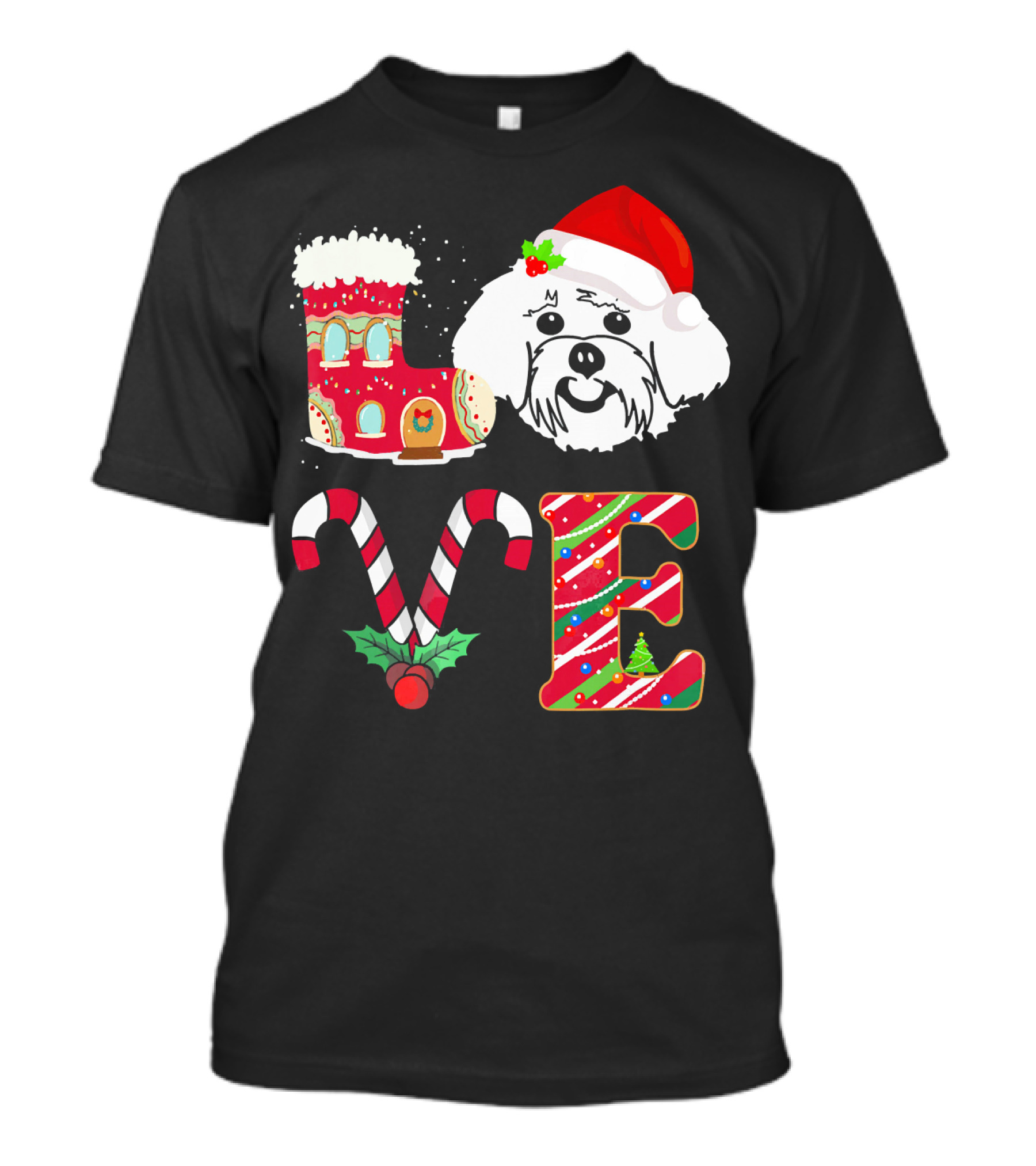 Christmas Love Maltese Dog Santa Hat Candy Cane T-Shirt