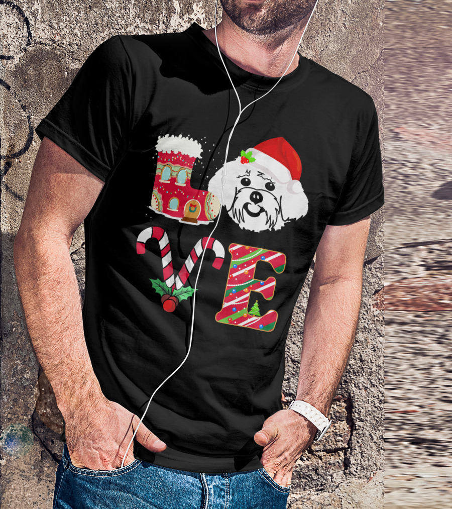 Christmas Love Maltese Dog Santa Hat Candy Cane T-Shirt