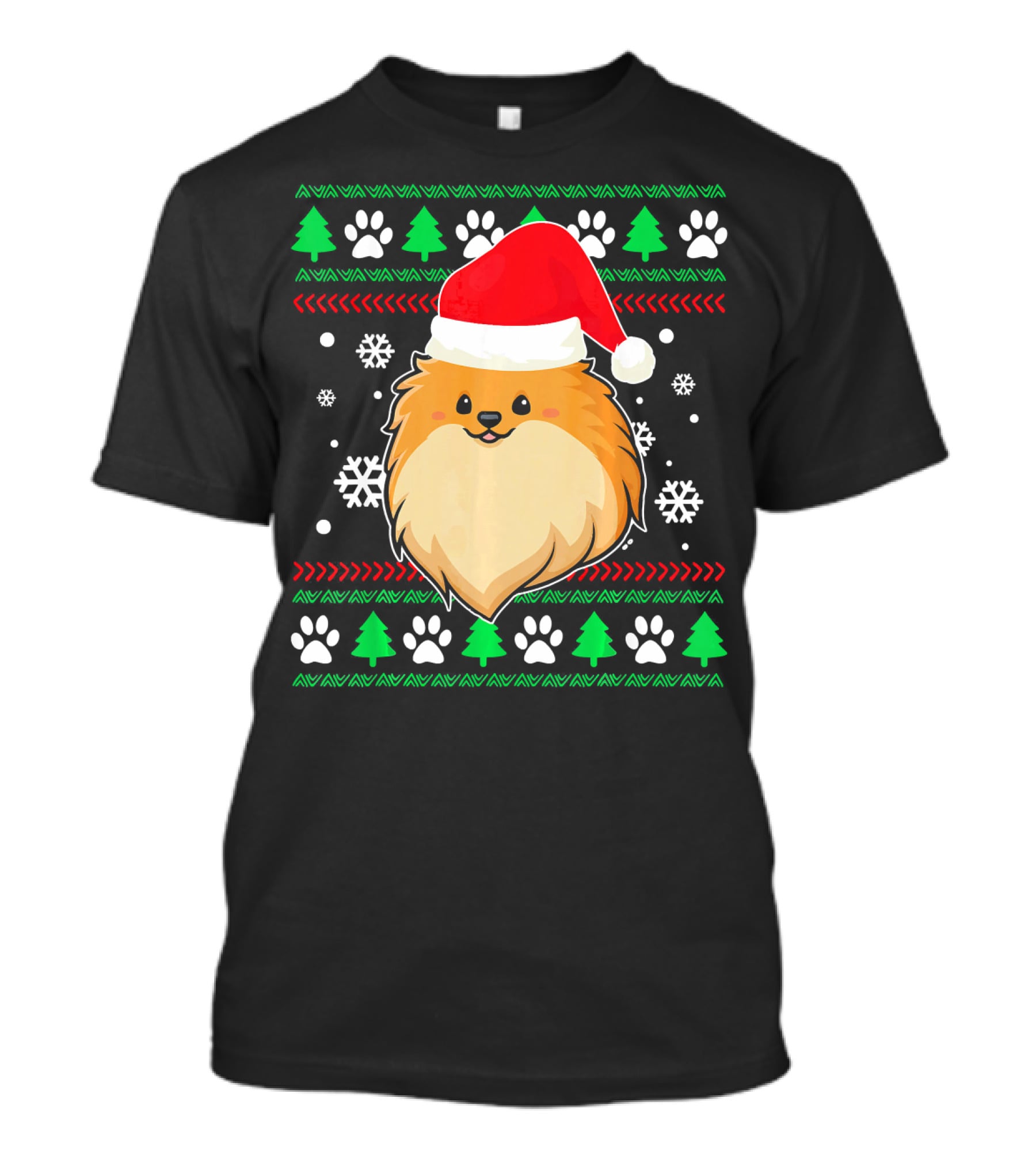 Pomeranian Santa Hat Ugly Christmas Sweater Snowflakes Trees Paws T-Shirt