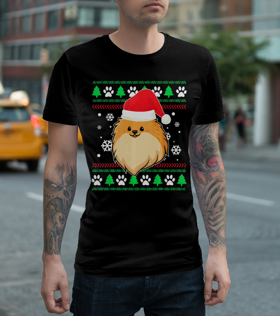 Pomeranian Santa Hat Ugly Christmas Sweater Snowflakes Trees Paws T-Shirt